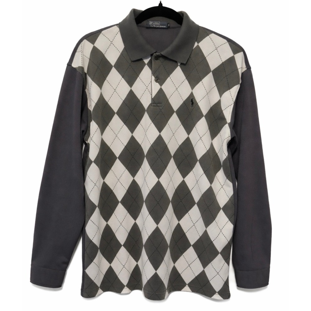 Polo Ralph Lauren Mens XXL Gray Argyle Long Sleeve Cotton Pique Polo Shirt Rare